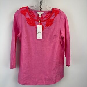 Lilly Pulitzer Ellyn Beaded 3/4 Sleeve Lagoon Linen Top Size 2 Confetti Pink NWT